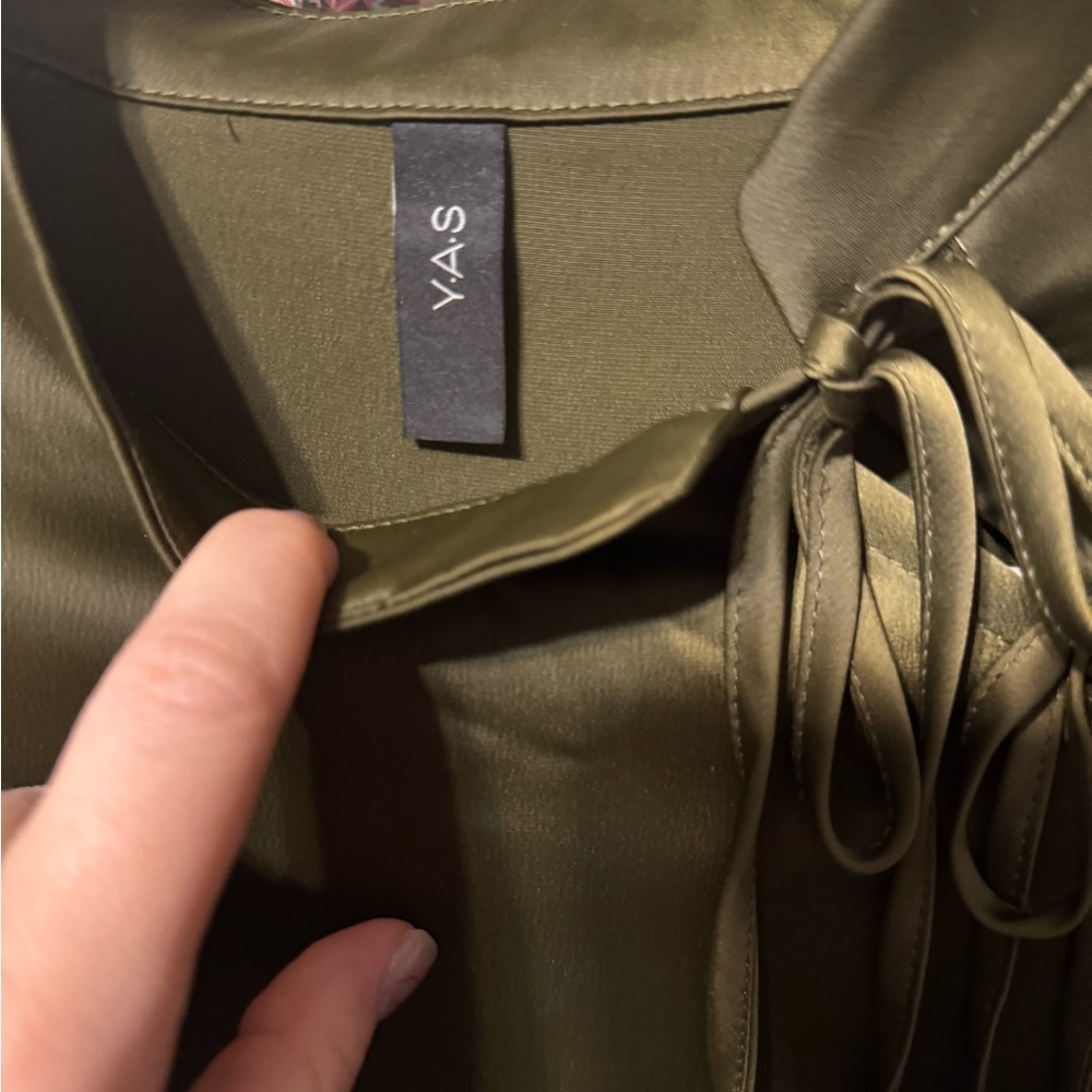 Y.A.S Olive Green Satin Top with tie neck accent - Picture 5 of 8